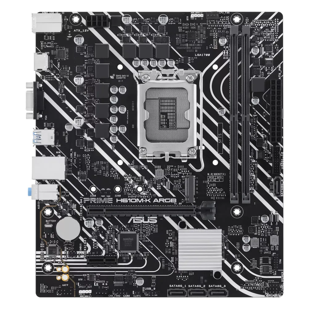 Asus PRIME H610M-K ARGB Gaming Motherboard, LGA1700 Socket, mATX Form Factor, DDR5 Ram, PCIe 4.0, USB 5Gbps, HDMI, VGA, Realtek 1Gb Ethernet, Aura Sync, 1 Year Warranty | 90MB1G90-M0EAY0