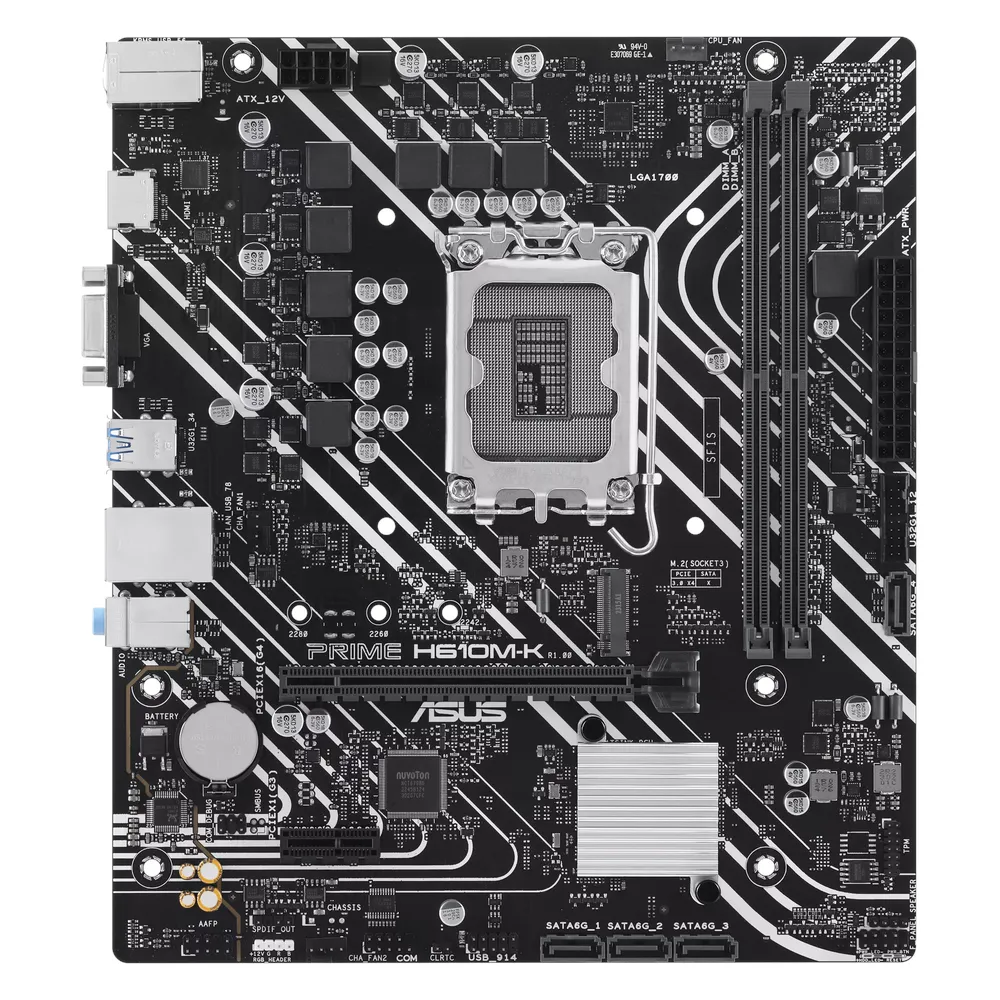 Asus PRIME H610M-K Motherboard, LGA1700 Socket, mATX Form Factor, DDR5 Ram, PCIe 4.0, HDMI, VGA, Realtek 1Gb Ethernet, Aura Sync, 1 Year Warranty | 90MB1GA0-M0EAY0
