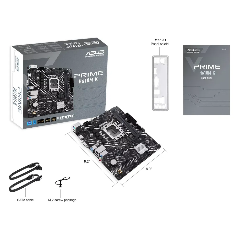 Asus PRIME H610M-K Motherboard, LGA1700 Socket, mATX Form Factor, DDR5 Ram, PCIe 4.0, HDMI, VGA, Realtek 1Gb Ethernet, Aura Sync, 1 Year Warranty | 90MB1GA0-M0EAY0