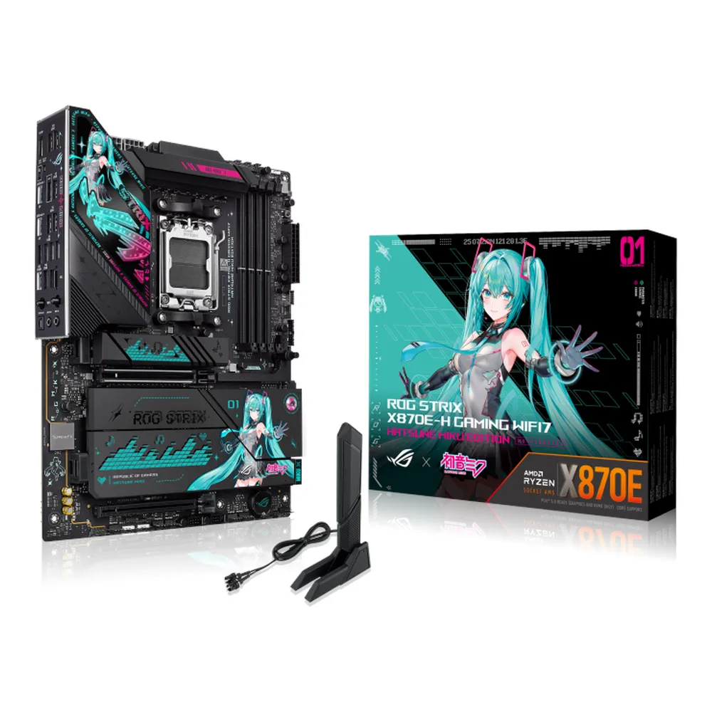 Asus ROG Strix X870E-H WIFI7 Hatsune Miku Edition Gaming Motherboard, AM5 Socket, ATX Form Factor, DDR5 Ram, PCIe 5.0, USB 40Gbps, HDMI, Thunderbolt, Realtek 5Gb Ethernet, Effortless AI Optimization, 1 Year Warranty | 90MB1MA0-M0EAY0