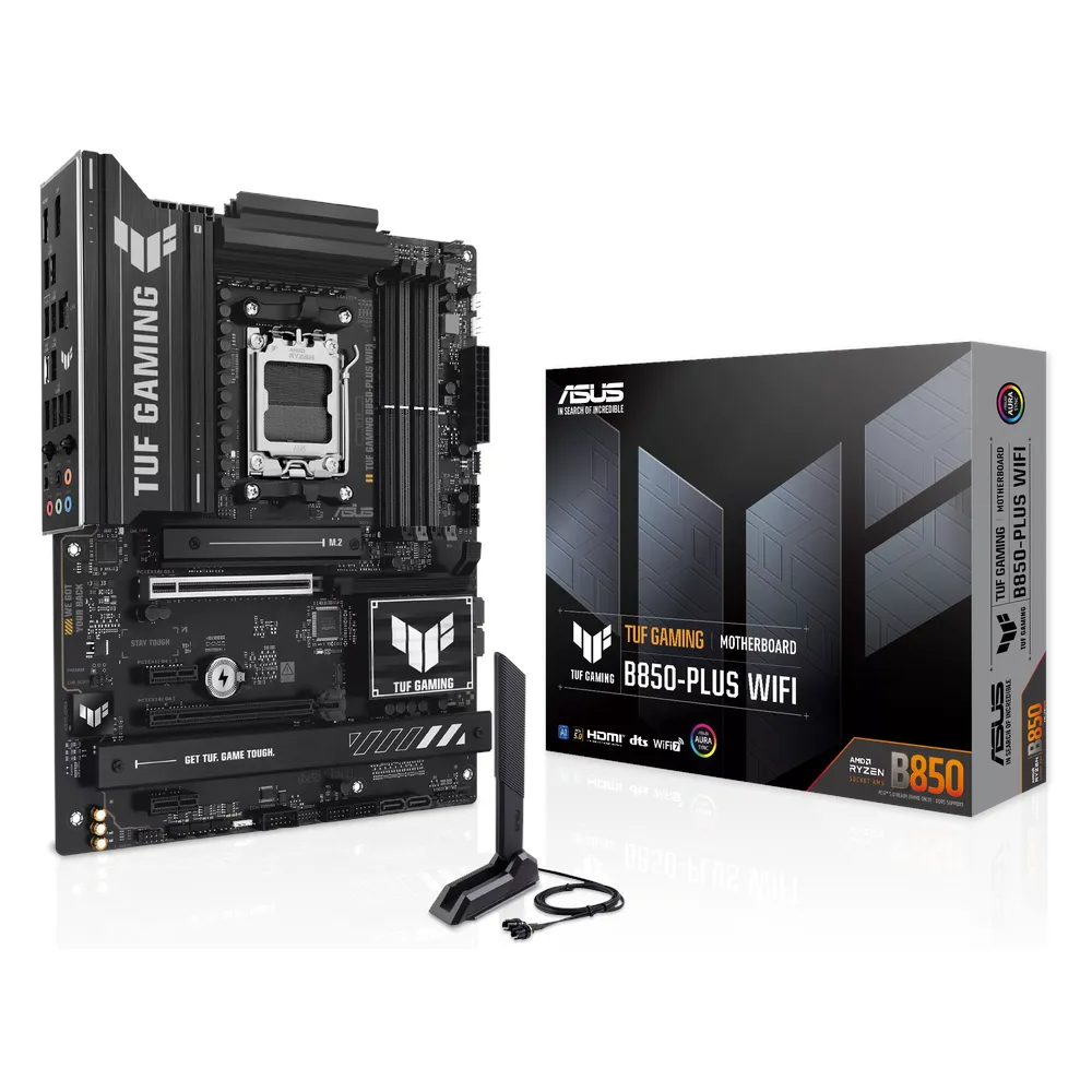 Asus TUF Gaming B850-PLUS WIFI Motherboard, AM5 Socket, ATX Form Factor, DDR5 Ram, PCIe 5.0, USB 20Gbps, HDMI, DP, Wi-Fi 7, Bluetooth, Realtek 2.5Gb Ethernet, Pre-mounted I/O shield, Aura Sync, 1 Year Warranty | 90MB1J30-M0EAY0