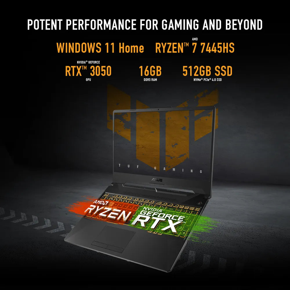 Asus TUF Gaming A15 Laptop, AMD Ryzen 7 7445HS Processor, 16GB RAM, 512GB SSD, 15.6" FHD 144Hz Display, 4GB NVIDIA GeForce RTX 3050, Windows 11 Home, English & Arabic Backlit RGB Keyboard, Graphite Black, 1 Year Warranty | FA506NCG-B165W