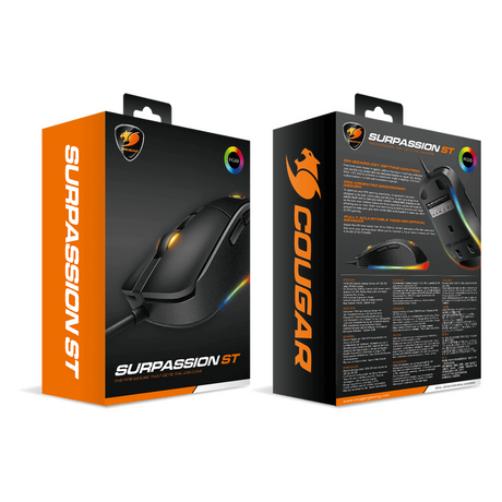 Cougar Surpassion ST Optical Wired R GB Gaming Mouse, 3200 DPI PixArt PMW3325 Optical Gaming sensor, 1000 Hz Polling Rate, Mechanical Gaming Switch, 6 x Buttons, Ergonomic, Right-Handed Design, Black, 1 Year Warranty | CGR-SURPASSION-ST