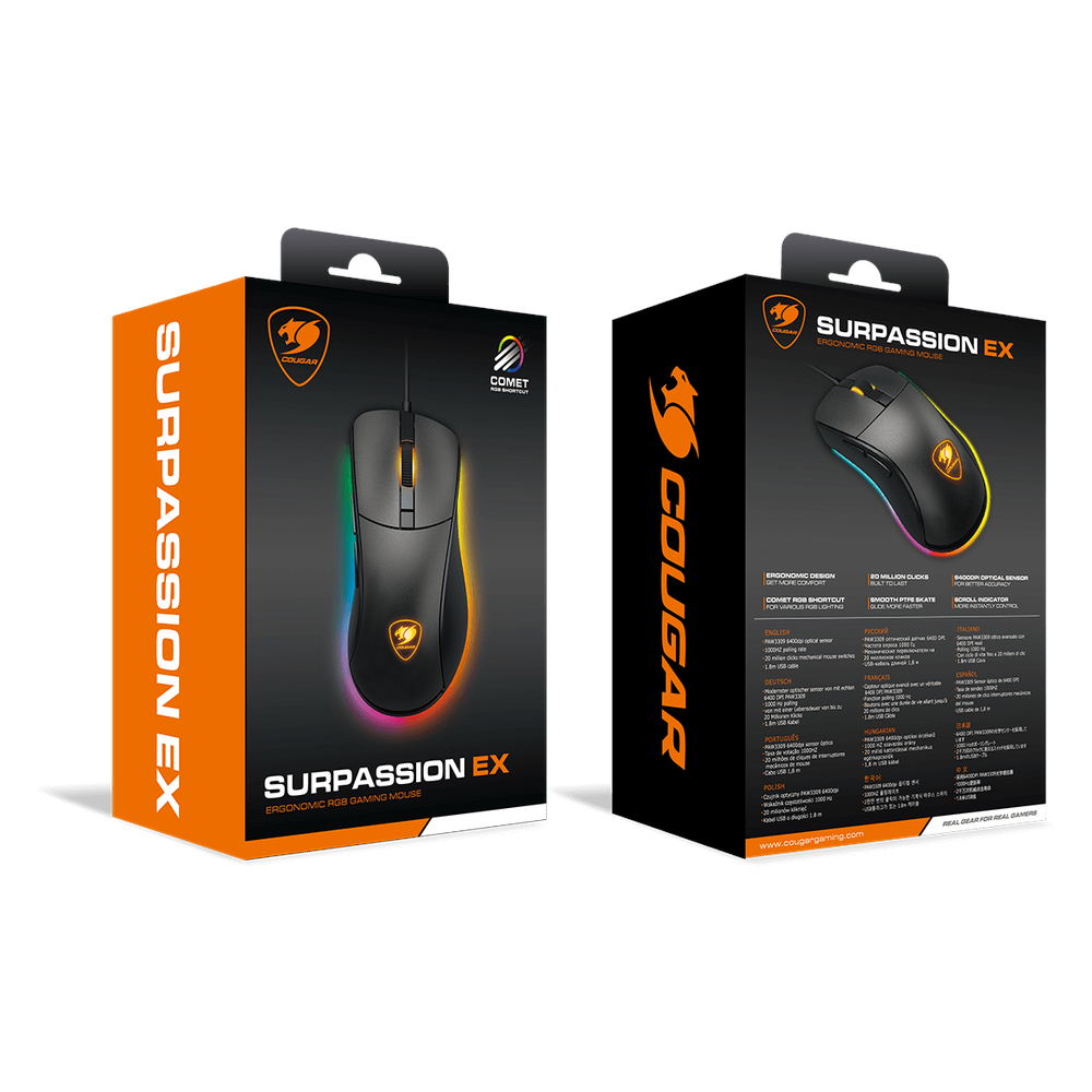Cougar Surpassion Optical Wired R GB Gaming Mouse, 6400 DPI PAW3309 Optical Gaming sensor, 1000 Hz Polling Rate, 20M Gaming Switch, 6 Programmable Buttons, Ergonomic, Right-Handed Design, Black, 1 Year Warranty | CGR-WOMB-SUR