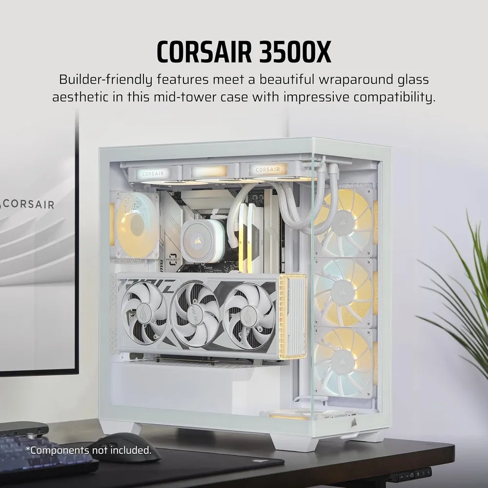 Corsair 3500X Mid Tower PC Casing, Wraparound Tempered Glass, 425mm GPU Support, USB 3.2 Gen 2, White, 1 Year Warranty | CC-9011277-WW