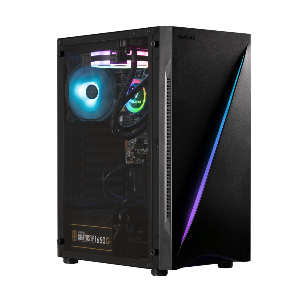 GAMDIAS ARGUS E5 ATX PC Case, Panoramic Tempered Glass Side Panel, R GB Uunderglow Design, 1 x 120mm AR GB Fan, 260mm GPU Support, USB 3.0, Black, 1 Year Warranty | GD-ARGUS-E5