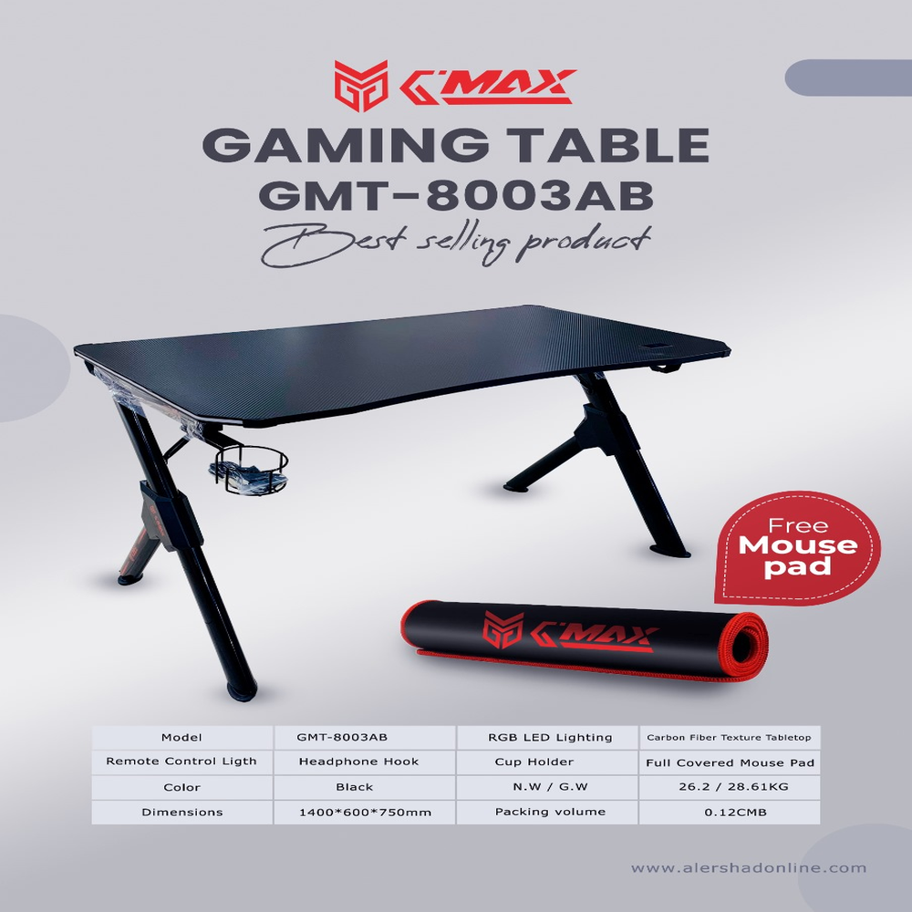 Game Max GMT-8003AB Gaming Table, Carbon Fiber Texture Tabletop, RGB LED Lighting, Headphone Hook, Cup Holder, Full Covered MousePad Included, Black, 1 Year Warranty | GM-GMT-8003AB-BLK