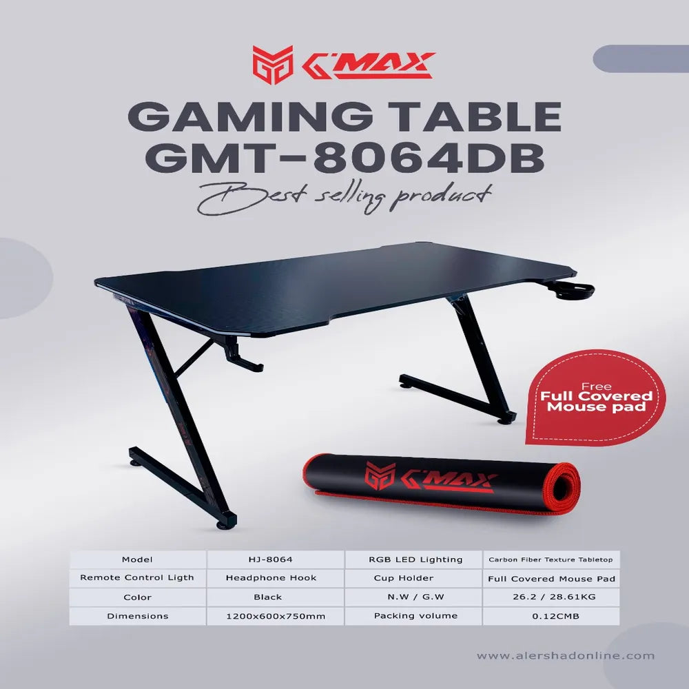 GAMING TABLE G-MAX GMT-8064DBLACK 1200*600MM R GB LED