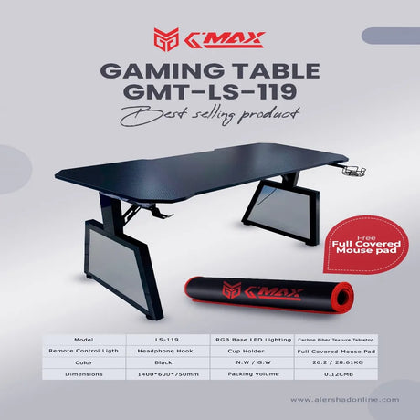 GAMING TABLE G-MAX GMT-LS119B BLACK -1400*600MM WITH BASE LED LIGHT