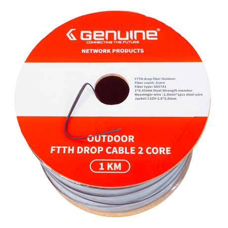 Genuine FTTH Outdoor Fiber Optic Cable, 2-Core Fiber, 1000M Length, LSZH Jacket, Steel Strength Member, 1 Year Warranty | GN-FC2CO-1000M