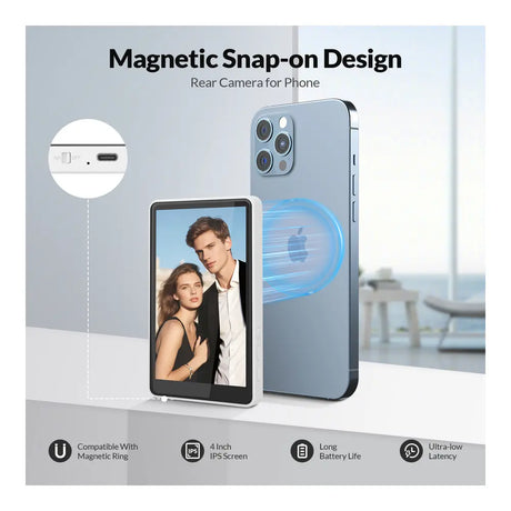 Genuine Reel Buddy Magnetic Selfie Screen, Real-Time Rear Camera Preview with HD Display, Screen Flip Function, 50M Wireless Sync, Bluetooth Remote Included, White, 1 Year Warranty | GN-RBT1WH