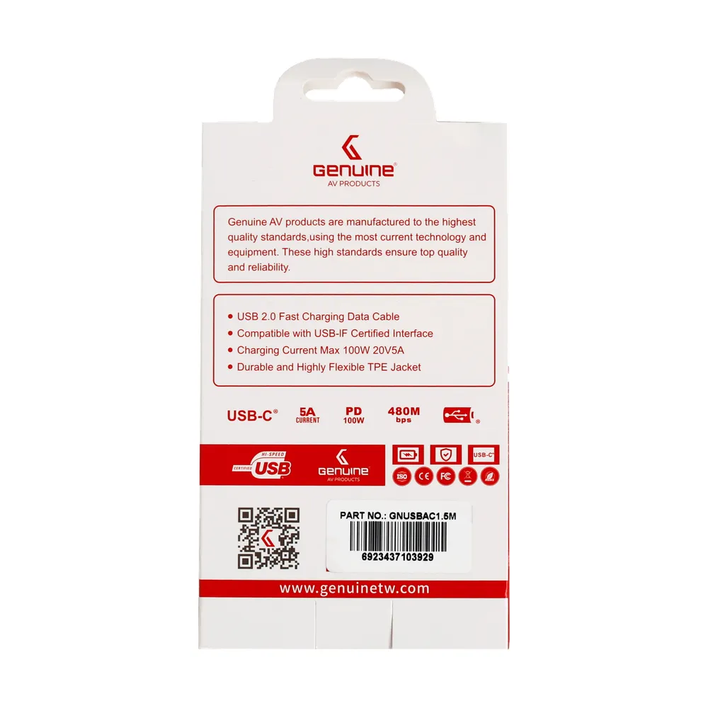 Genuine USB 2.0 - A to C Cable, Cable Length 1.5M, 100W, Pink, 1 Year Warranty | GN-USBAC1.5M-PK