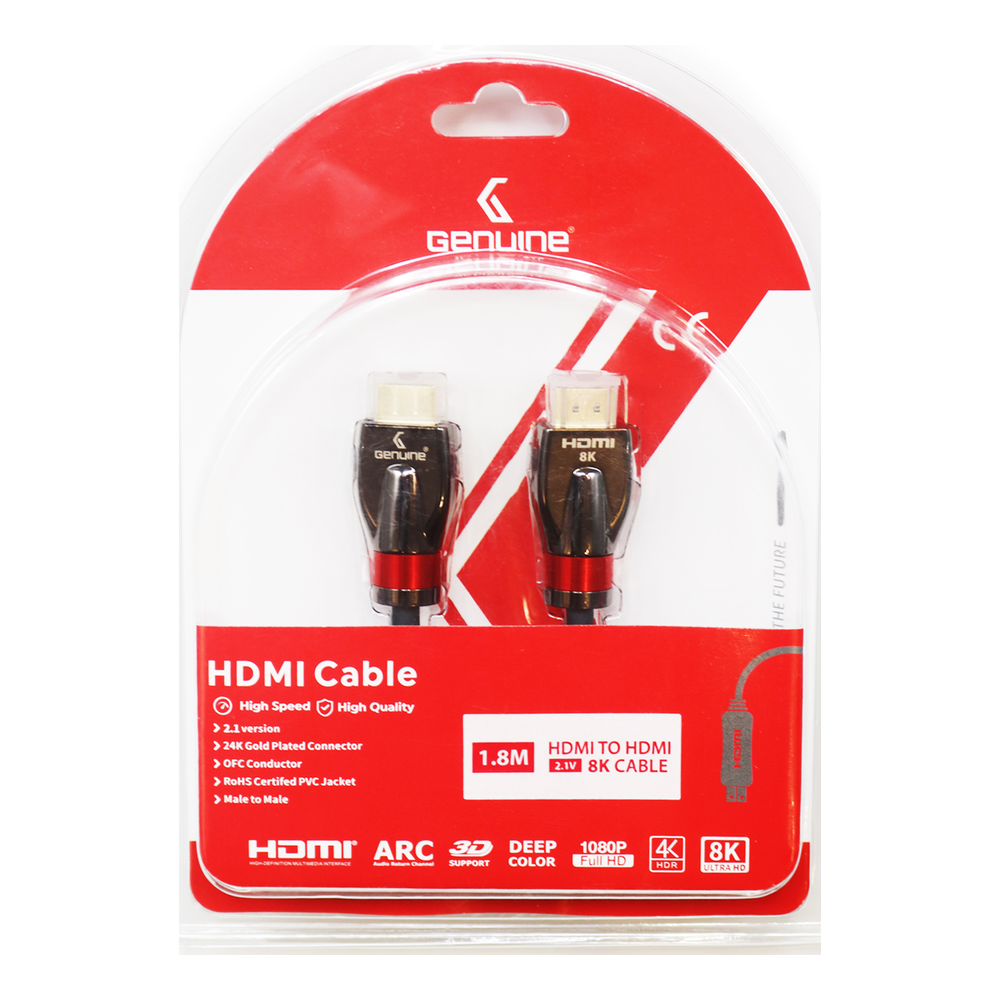 Genuine HDMI To HDMI Cable, Version 2.1, Supports 8K, Cable Length 1.8M, 2 x Ferrite Cores, 1 Year Warranty | GNHD18M21V