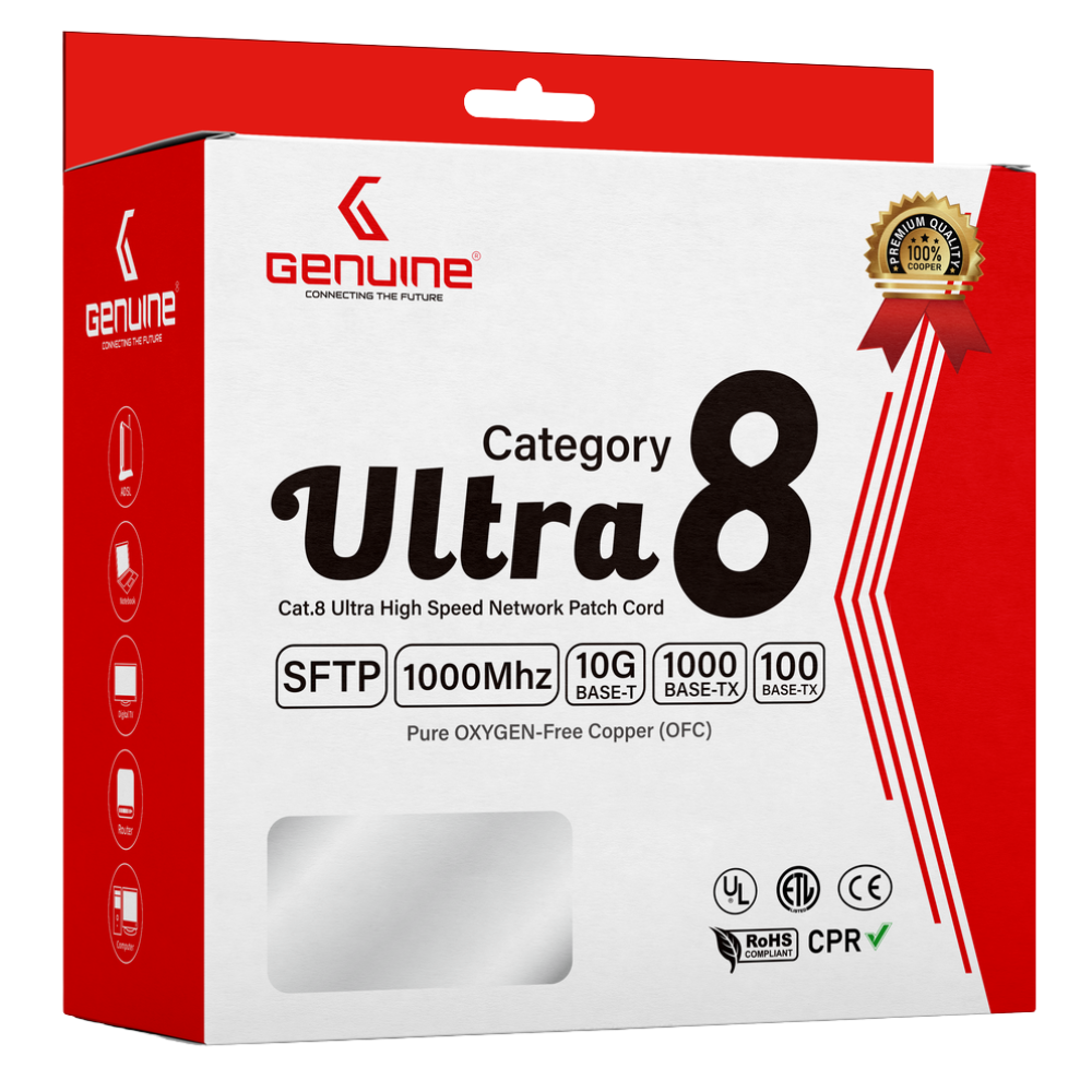 Genuine CAT8 S/FTP Cable, 1M Length, 22AWG Bare Copper, PVC Jacket, Gray, Box Pack, 1 Year Warranty | GNPC-C8SFTPGRY-1
