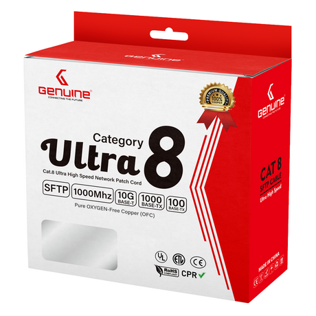 Genuine CAT8 S/FTP Cable, 10M Length, 22AWG Bare Copper, PVC Jacket, Gray, Box Pack, 1 Year Warranty | GNPC-C8SFTPGRY-10