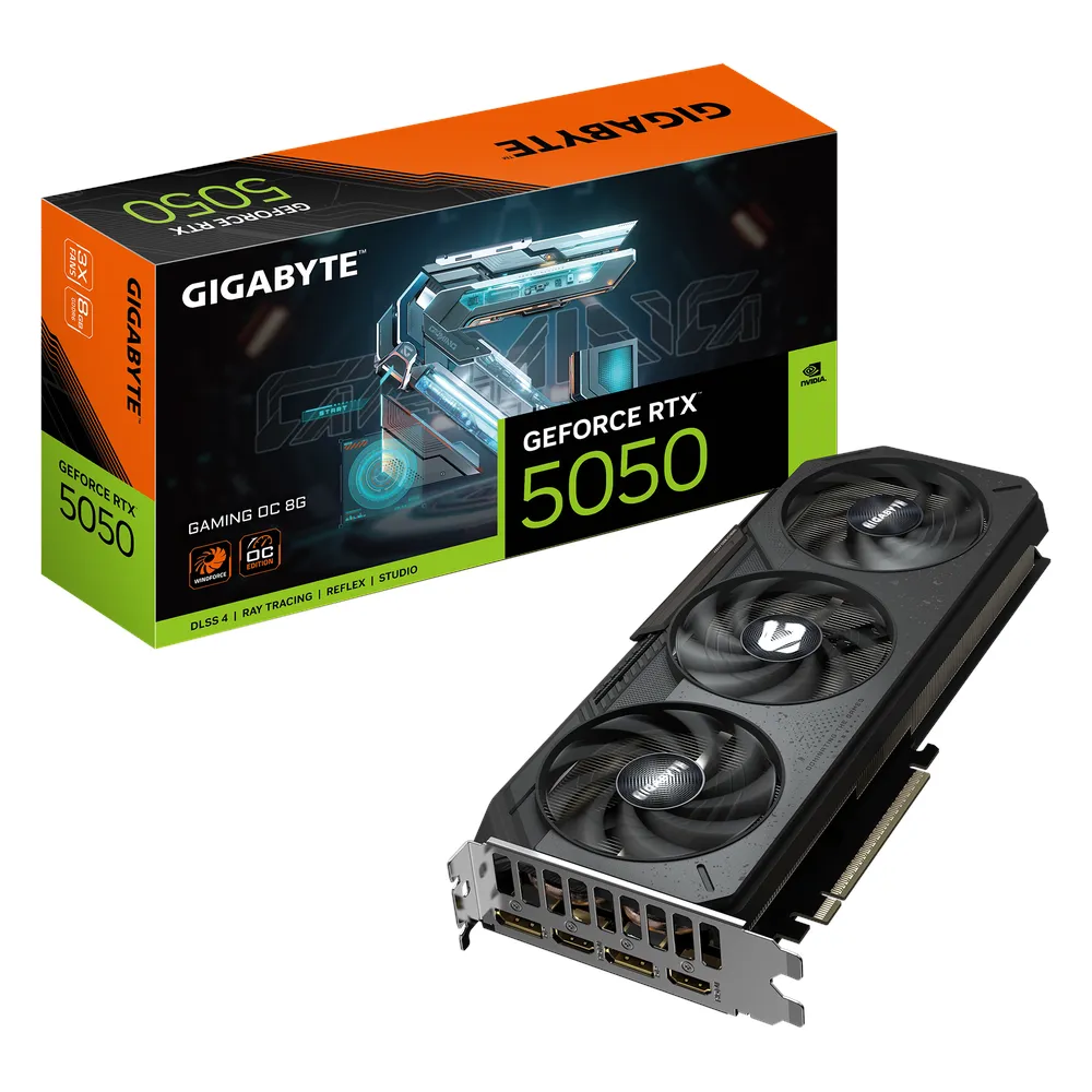 Gigabyte GAMING OC GeForce RTX 5050 Graphics Card, GDDR6 8GB 128-bit Memory, HDMI 2.1b & DP 2.1b Outputs, PCI Express 5.0, 2632 MHz Core Clock, 20 Gbps Memory Clock, Triple Windforce Hawk Fans, 1 Year Warranty | GV-N5050GAMING-OC-8GD
