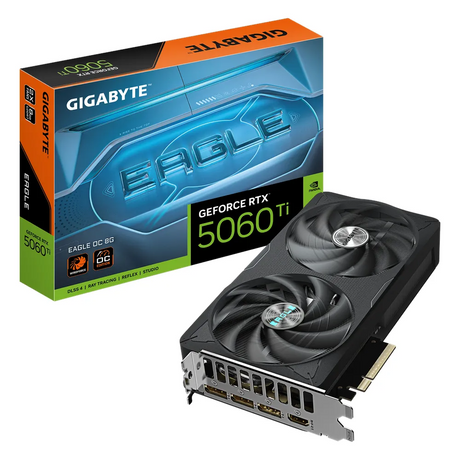 Gigabyte EAGLE OC GeForce RTX 5060 Ti Graphics Card, GDDR7 8GB 128-bit Memory, HDMI 2.1b & DP 2.1b Outputs, PCI Express 5.0, 2617 MHz Core Clock, 28 Gbps Memory Clock, Dual Windforce Hawk Fans, 1 Year Warranty | GV-N506TEAGLE-OC-8GD