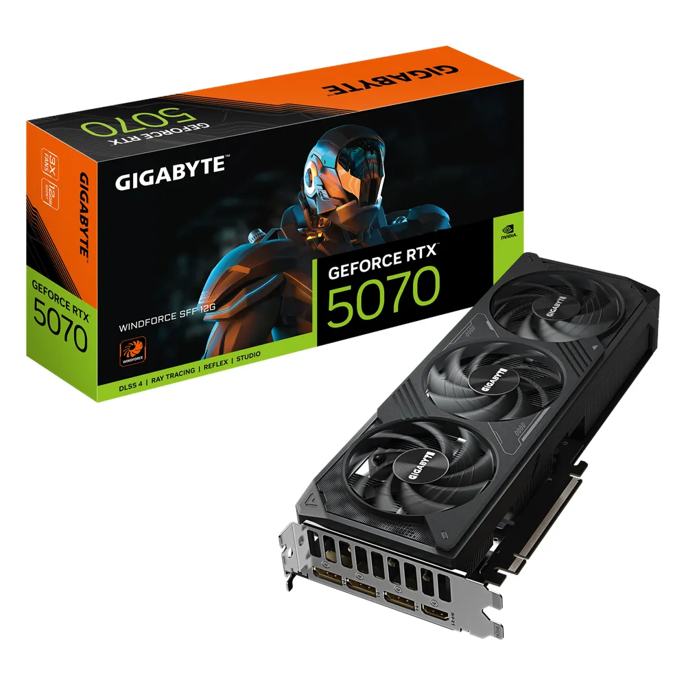 Gigabyte WINDFORCE GeForce RTX 5070 Small Form Factor Graphics Card, GDDR7 12GB 192-bit Memory, HDMI 2.1b & DP 2.1b Outputs, PCI Express 5.0, 2512 MHz Core Clock, 28 Gbps Memory Clock, Triple Windforce Hawk Fans, 1 Year Warranty | GV-N5070WF3-12GD