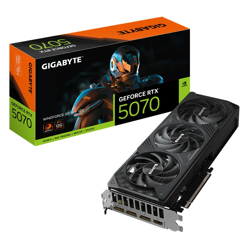 Gigabyte WINDFORCE OC GeForce RTX 5070 Small Form Factor Graphics Card, GDDR7 12GB 192-bit Memory, HDMI 2.1b & DP 2.1b Outputs, PCI Express 5.0, 2542 MHz Core Clock, 28 Gbps Memory Clock, Triple Windforce Hawk Fans, 1 Year Warranty | GV-N5070WF3OC-12GD