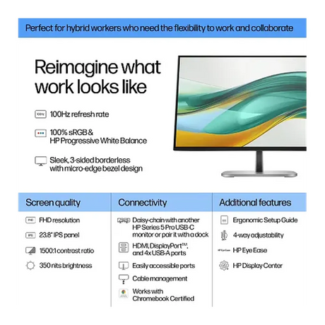 HP Series 5 Pro Monitor, 27" FHD (1920 x 1080) Resolution, 120Hz, Anti-glare, 5ms (GTG) Response Time, HDMI, DisplayPort, Tilt/Pivot/Swivel/Height Adjustable Stand, Black, 3 Year Warranty | B28F5AS