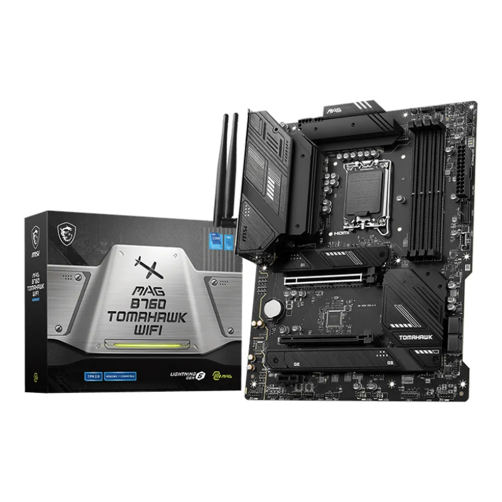 MSI MAG B760 Tomahawk WIFI Gaming Motherboard, LGA1700 Socket, ATX Form Factor, DDR5 Ram, PCIe 5.0, USB 20Gbps, HDMI, DP, Wi-Fi 6E, Bluetooth, Realtek 2.5Gb Ethernet, M.2 Shield Frozr, Heavy Plated VRM Heatsink, 1 Year Warranty | 911-7D96-024