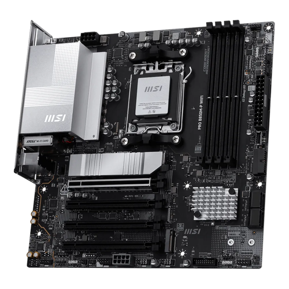 MSI PRO B850M-P WIFI Gaming Motherboard, AM5 Socket, mATX Form Factor, DDR5 Ram, PCIe 5.0, USB 10Gbps, HDMI, DP, Wi-Fi 7, Bluetooth, Realtek 5Gb Ethernet, M.2 Shield Frozr, Chipset Heatsink, 1 Year Warranty | 911-7E71-005