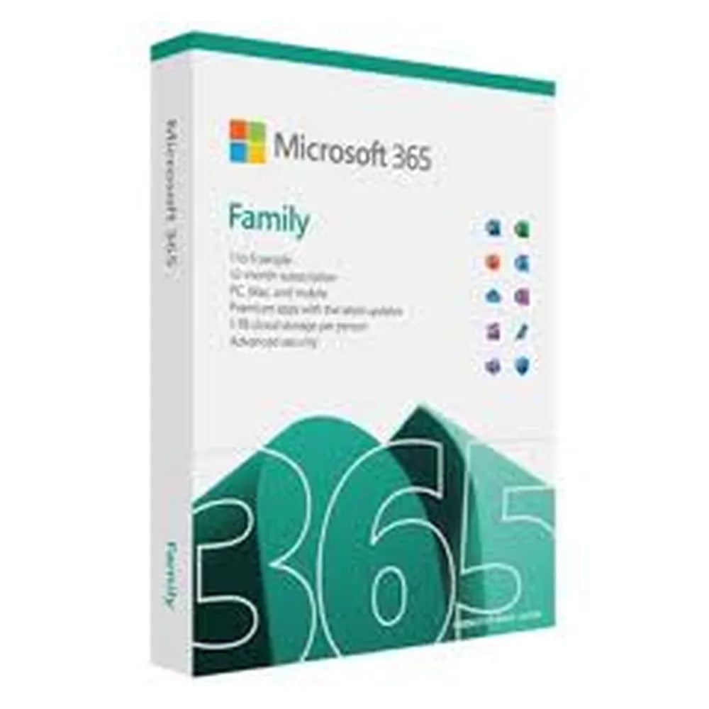 Microsoft 365 Family License, 6 x Users - 5 Devices Per User, Outlook, Word, Excel, PowerPoint, OneNote, OneDrive, Microsoft Defender, Clipchamp, Microsoft Designer, 1.6 GHz Processor, 4GB RAM, 4GB Storage, Electronic License, 1 Year Warranty | 6GQ-01899