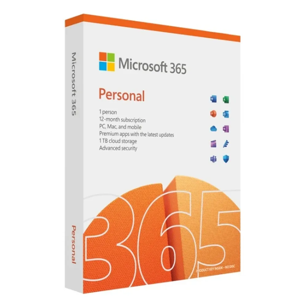 Microsoft 365 Personal License, 1 x User - 5 Devices Per User, Outlook, Word, Excel, PowerPoint, OneNote, OneDrive, Microsoft Defender, Clipchamp, Microsoft Designer, 1.6 GHz Processor, 4GB RAM, 4GB Storage, Electronic License, 1 Year Warranty | QQ2-01899