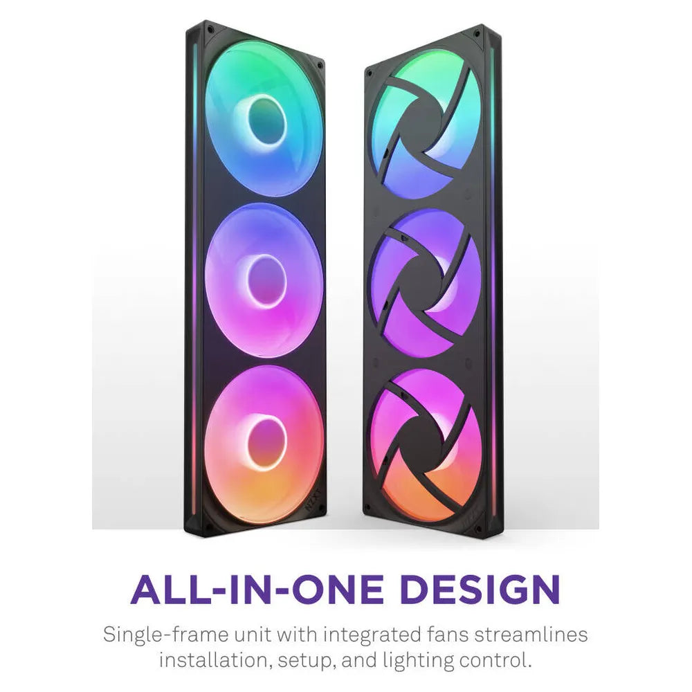 NZXT F420 RGB Core Single-Frame RGB Fan Unit, 3 x Fans, Fluid Dynamic Bearing, 420mm Frame Size, 2000 rpm Fan Speed, Addressable RGB LED Lighting, Black, 1 Year Warranty | RF-U42HF-B1