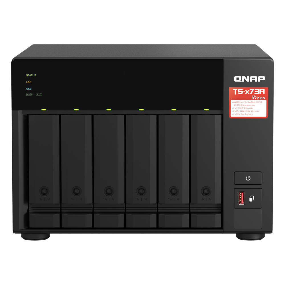 QNAP TS-673A 6-Bay Tower NAS Box, AMD Ryzen V1500B Processor, 8GB DDR4 RAM, 2x 2.5GbE Ports, Dual M.2 NVMe Slots, 1 Year Warranty | TS-673A-8G