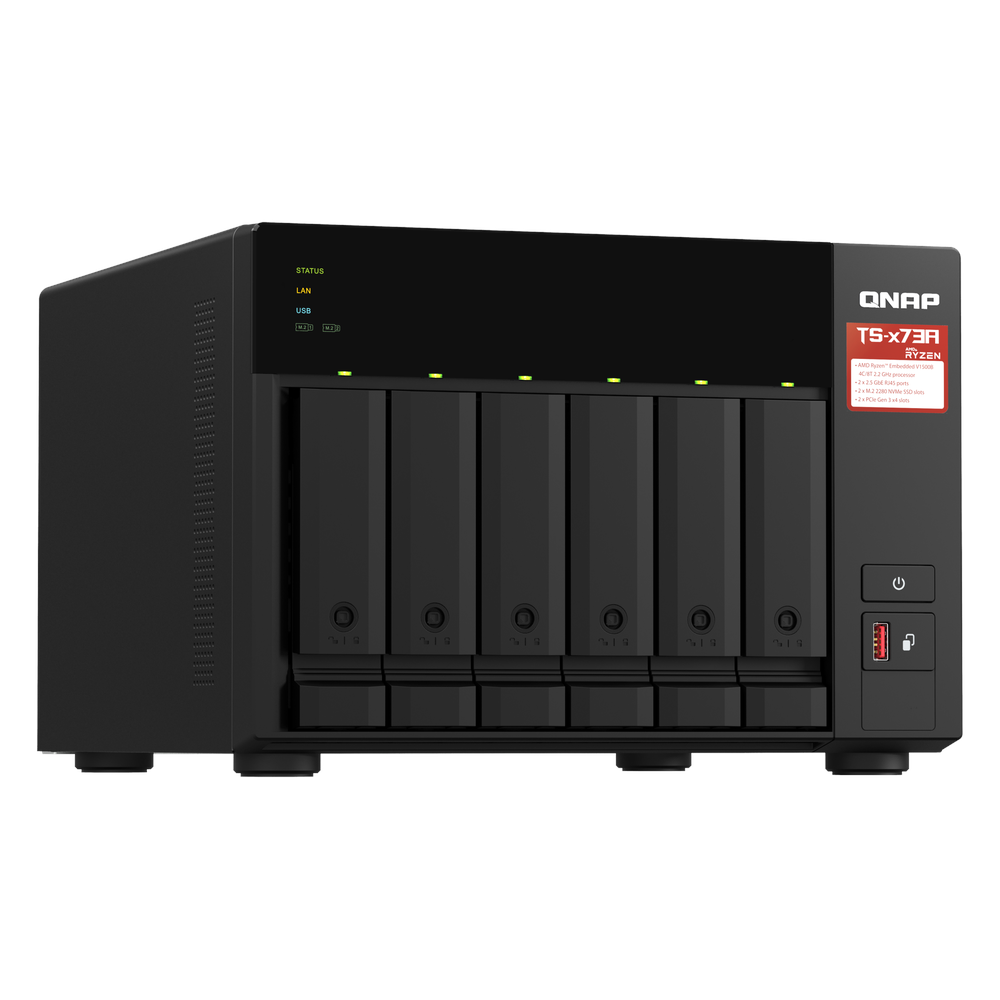 QNAP TS-673A 6-Bay Tower NAS Box, AMD Ryzen V1500B Processor, 8GB DDR4 RAM, 2x 2.5GbE Ports, Dual M.2 NVMe Slots, 1 Year Warranty | TS-673A-8G