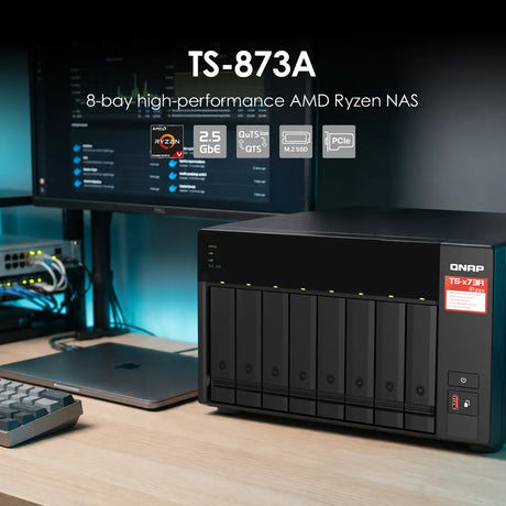 QNAP TS-873A 8-Bay Tower NAS Box, AMD Ryzen V1500B Processor, 8GB DDR4 RAM, 2x 2.5GbE Ports, Dual M.2 NVMe Slots, 1 Year Warranty | TS-873A-8G