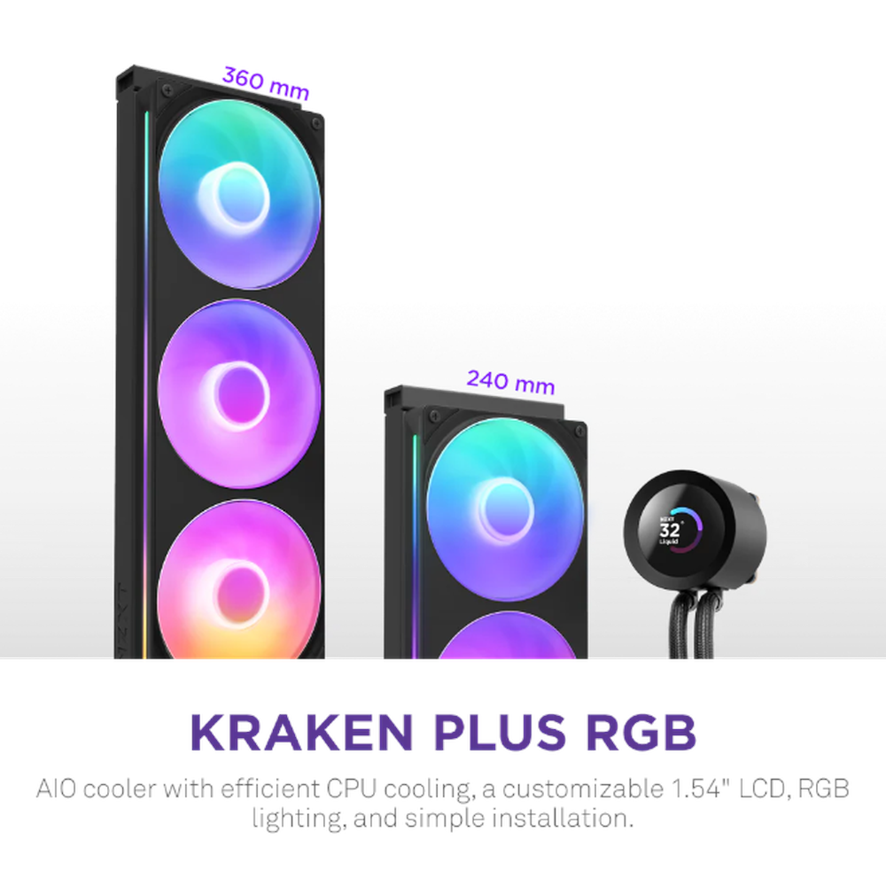 NZXT Kraken Plus 360 RGB AIO Liquid Cooler, 1.54" TFT LCD Display, Supports Intel, AMD Sockets, F360 RGB Fan Core, Black, 1 Year Warranty | RL-KR360-B2