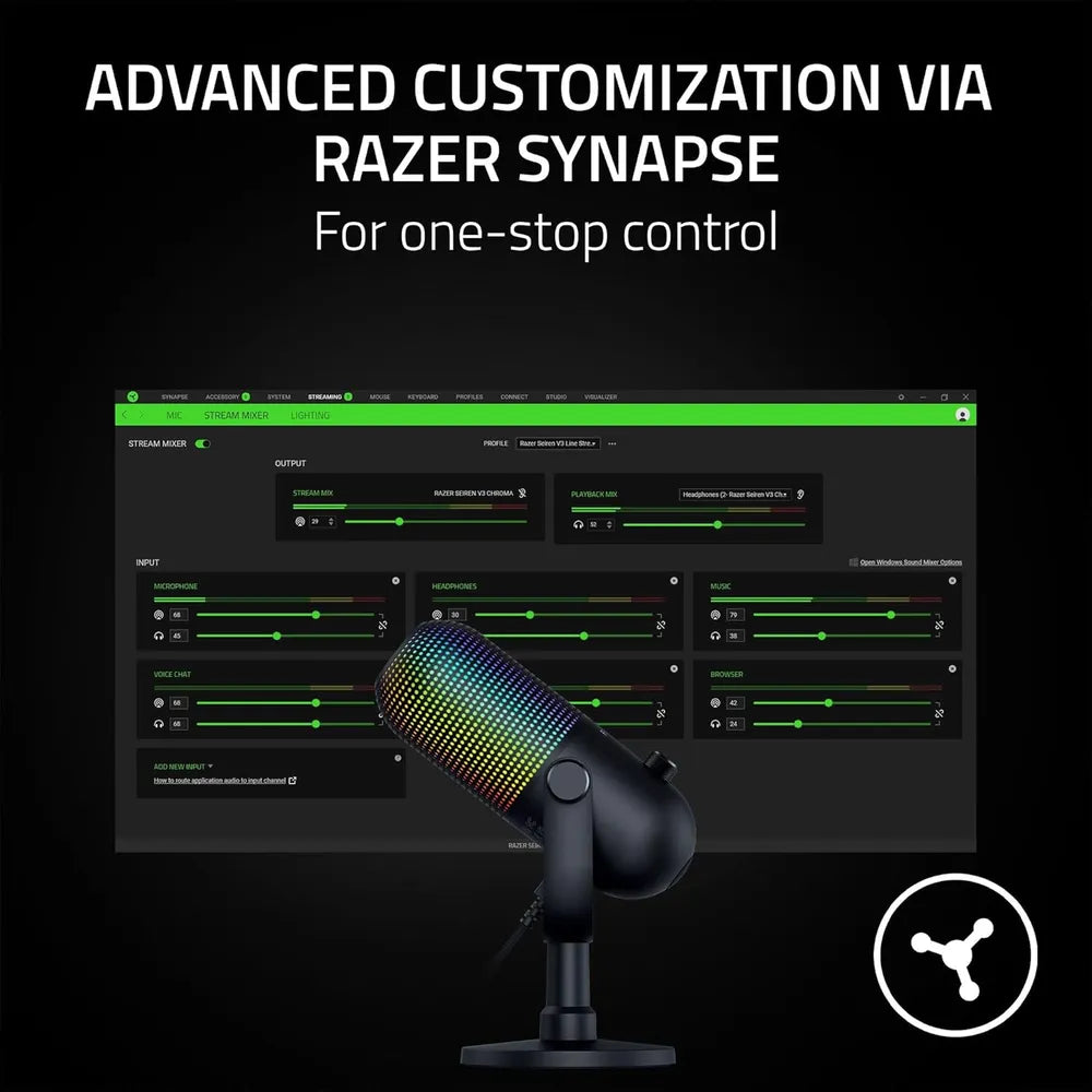 Razer Seiren V3 Chroma Condenser Microphone, Supercardioid Polar Pattern, Built-in Shock Absorber, Razer Chroma RGB, Touch-Sensitive Tap-to-Mute Button, Black, 1 Year Warranty | RZ19-05060100-R3M1