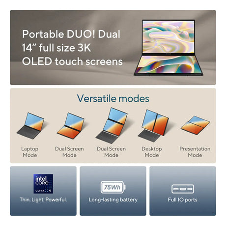 ASUS Zenbook Duo Intel Core Ultra 9 Processor, 32 GB RAM, 2TB PCIE G4 SSD, Intel Arc Graphics, WINDOW 11 HOME, 14", GRAY | UX8406CA-PZ005W