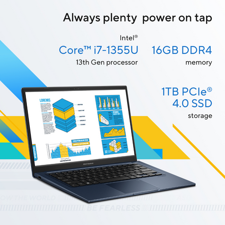 ASUS Vivobook 14 Intel Core i7 1355U Processor, 16 GB RAM, 1TB SSD, 14" FHD Display, Windows 11 Home, English & Arabic Keyboard, Quiet Blue, 1 Year Warranty | X1404VA-EB711W