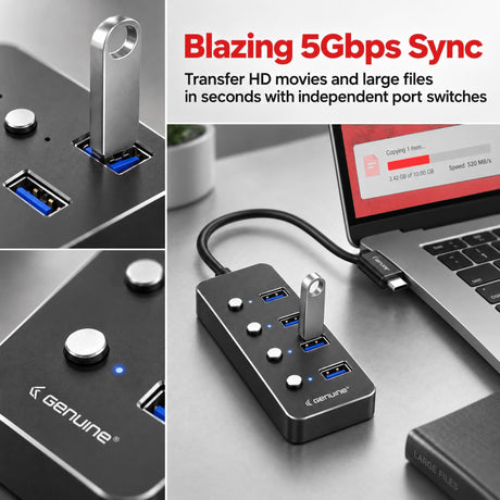 Genuine 4 Port USB 3.0 HUB, 180mm Cable Length, Input USB A + C 3.0 Male, Transfer rate up to 5Gbps, Black/Silver/Customized, 1 Year Warranty | GN-HU34E