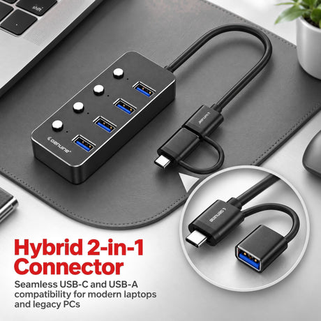 Genuine 4 Port USB 3.0 HUB, 180mm Cable Length, Input USB A + C 3.0 Male, Transfer rate up to 5Gbps, Black/Silver/Customized, 1 Year Warranty | GN-HU34E