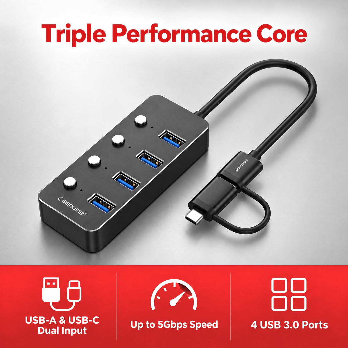 Genuine 4 Port USB 3.0 HUB, 180mm Cable Length, Input USB A + C 3.0 Male, Transfer rate up to 5Gbps, Black/Silver/Customized, 1 Year Warranty | GN-HU34E