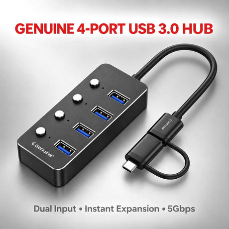 Genuine 4 Port USB 3.0 HUB, 180mm Cable Length, Input USB A + C 3.0 Male, Transfer rate up to 5Gbps, Black/Silver/Customized, 1 Year Warranty | GN-HU34E